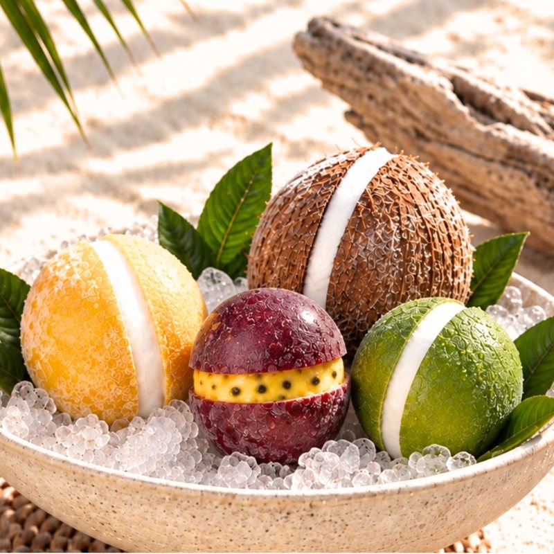 Coffret La Découverte : citron jaune, lime, passion et coco givrés dans une coupe de glace pilée