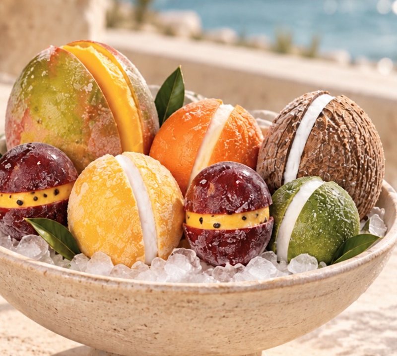 Coffret La Signature : mangue, orange, coco, citron, lime et passions givrés dans une coupe de glace pilée